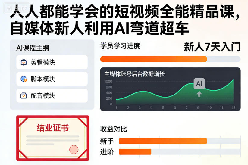 人人都能學會的短視頻全能精品課，自媒體新人利用AI彎道超車
